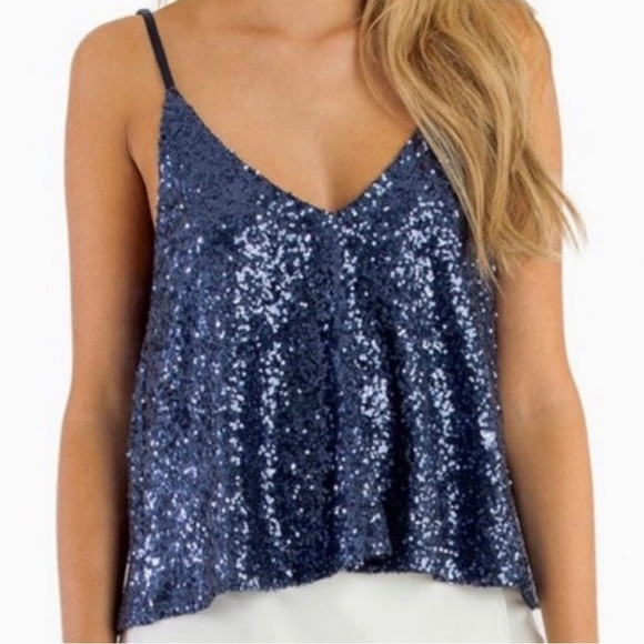 TOBI Navy Blue V-Neck Scoop Back Sequin Top Size Small - Picture 1 of 9